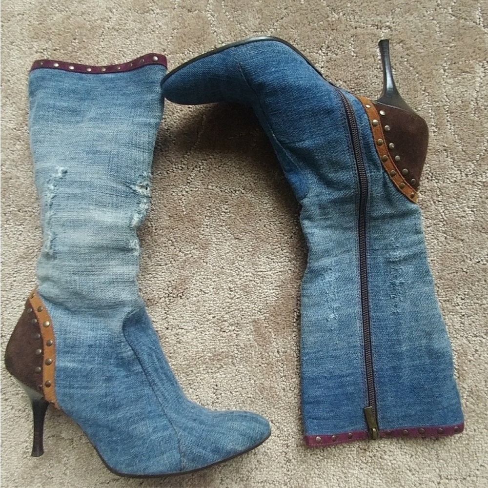 💙Just Cavalli Blue and Brown Denim Boots🤎